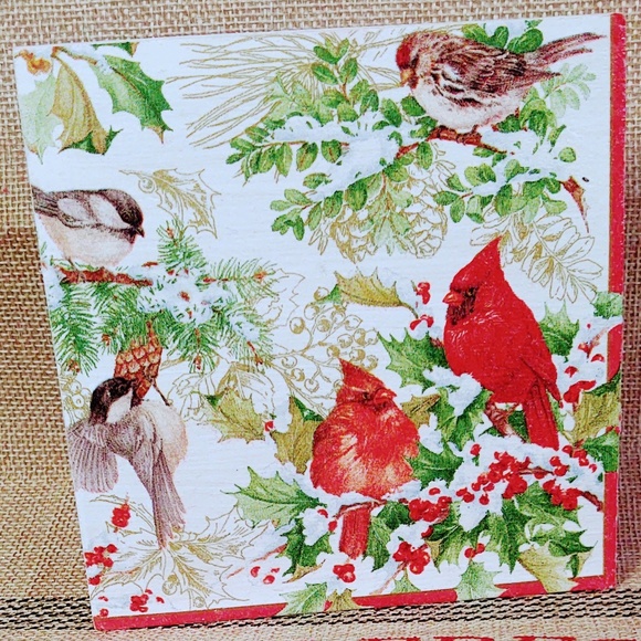 HANDCRAFTED TIERED TRAY DECOR/MINI WOOD SIGN/CHRISTMAS CARDINALS DECOUPAGE DECOR - Picture 1 of 1